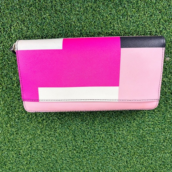 Kate Spade Colorblock Zip Around Wallet Pink White Black Saffiano Leather - Picture 2 of 6